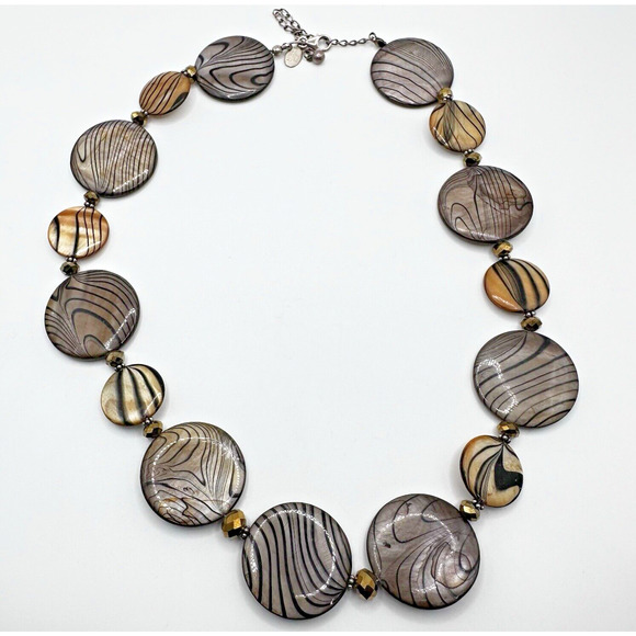 DONNA DRESSLER Necklace Mother of Pearl Round Disk Black Tan Crystal 925 19"-22" - Picture 2 of 6
